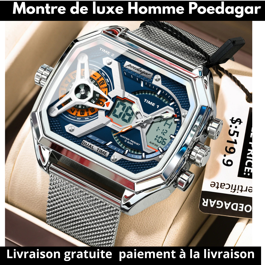 MONTRE DE LUXE HOMME BRACELET EN MAIL D'ACIER INOXYDABLE-POEDAGAR