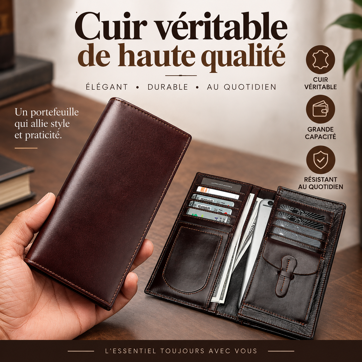 Valtor – Le portefeuille long en cuir véritable – Grande Capacité