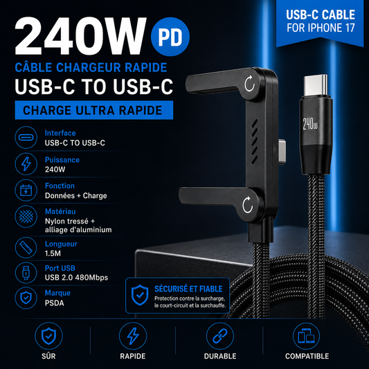 Câble USB-C 240W Charge Ultra Rapide avec Support Pliable Intégré