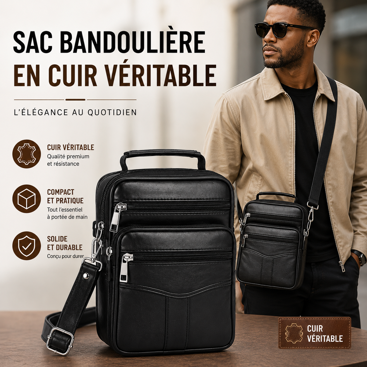 MINI SAC EN CUIR VERITABLE-USAGE 3 EN 1 POUR HOMME