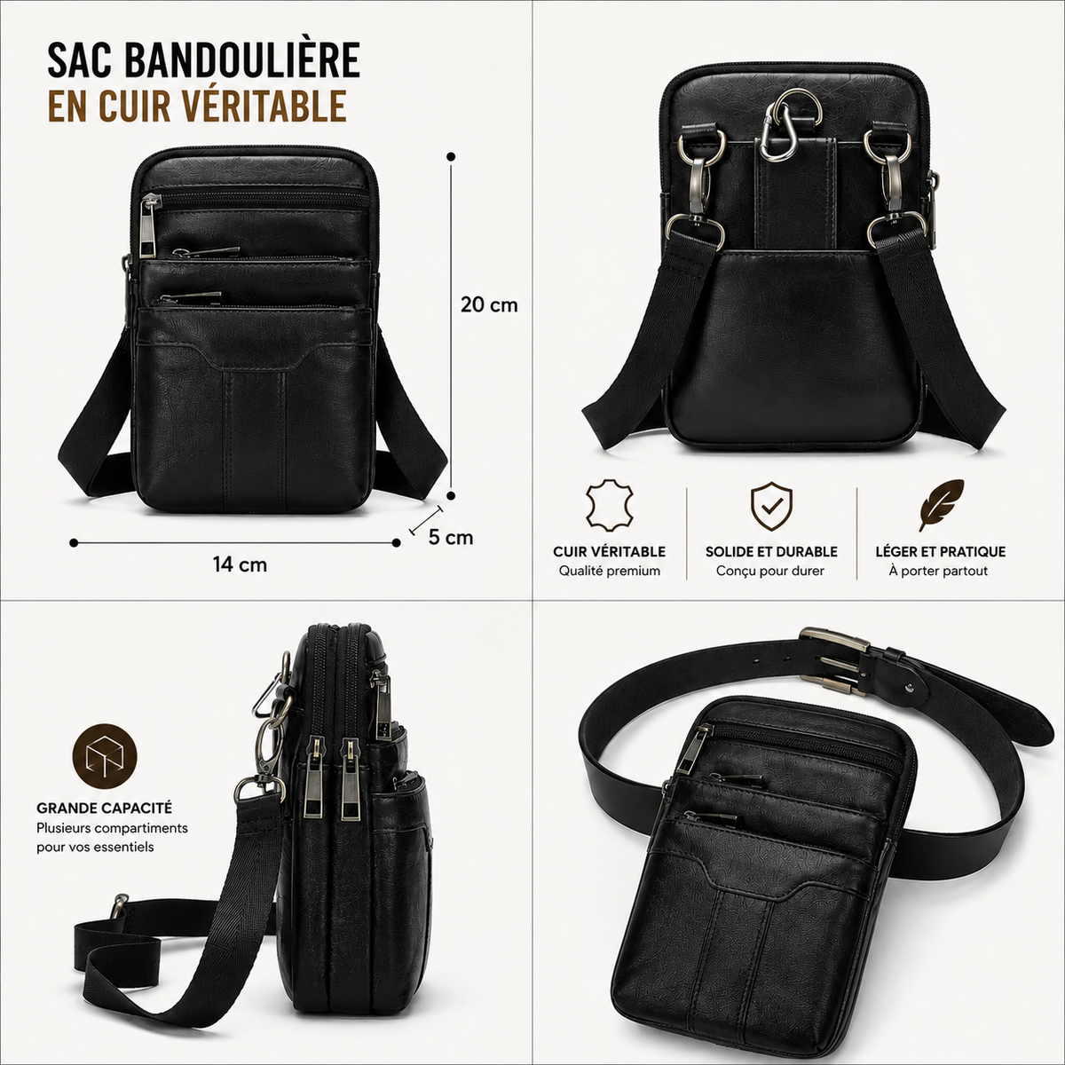 MINI SAC EN CUIR VERITABLE-USAGE 3 EN 1 POUR HOMME